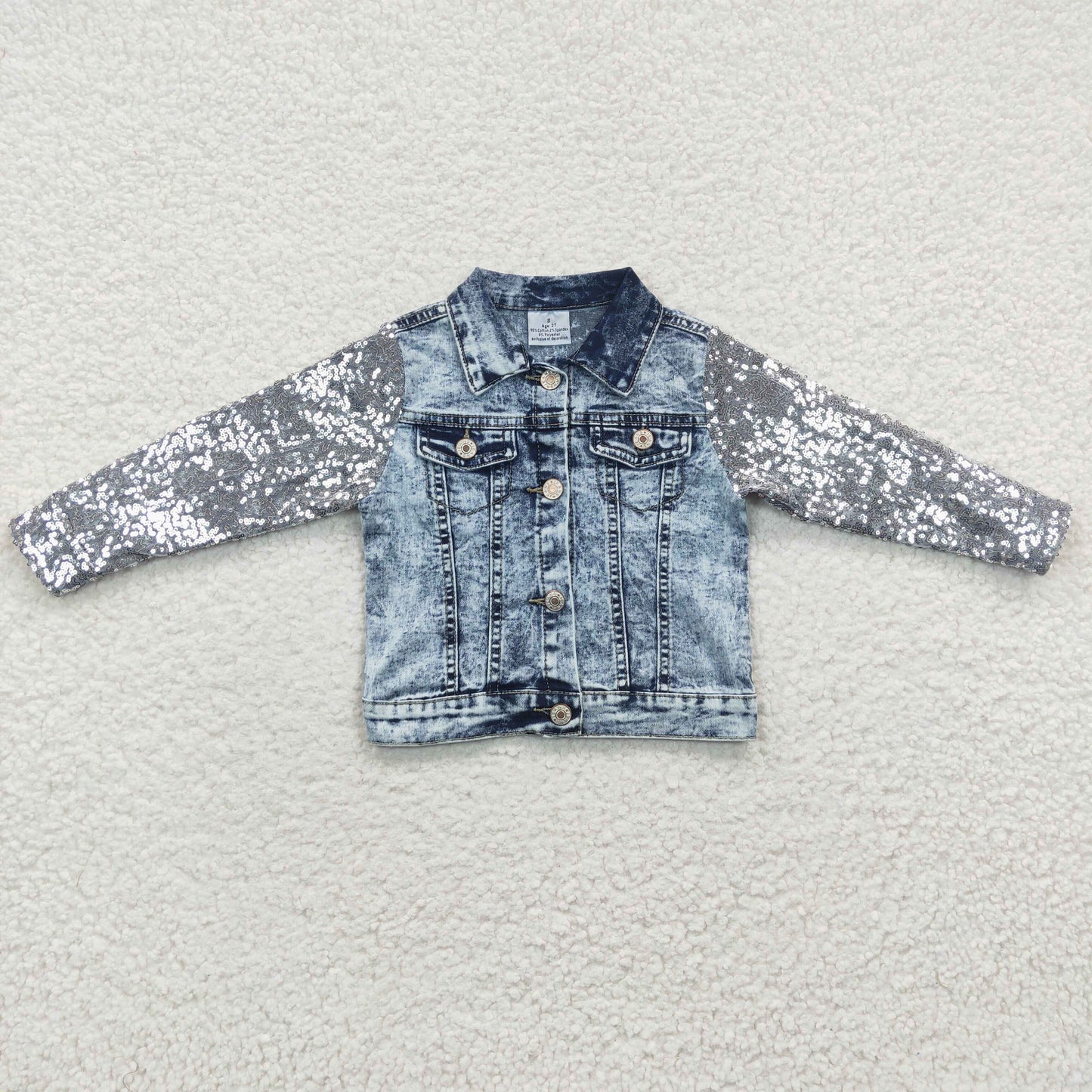 GT0148 Silver Sequin Long Sleeve Denim Jacket