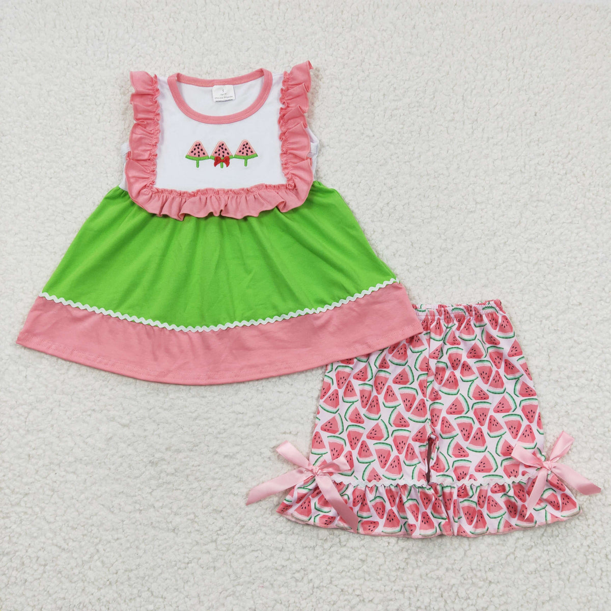 GSSO0179 Watermelon Embroidery Sleeveless Pink & Green Summer Baby Girls Set