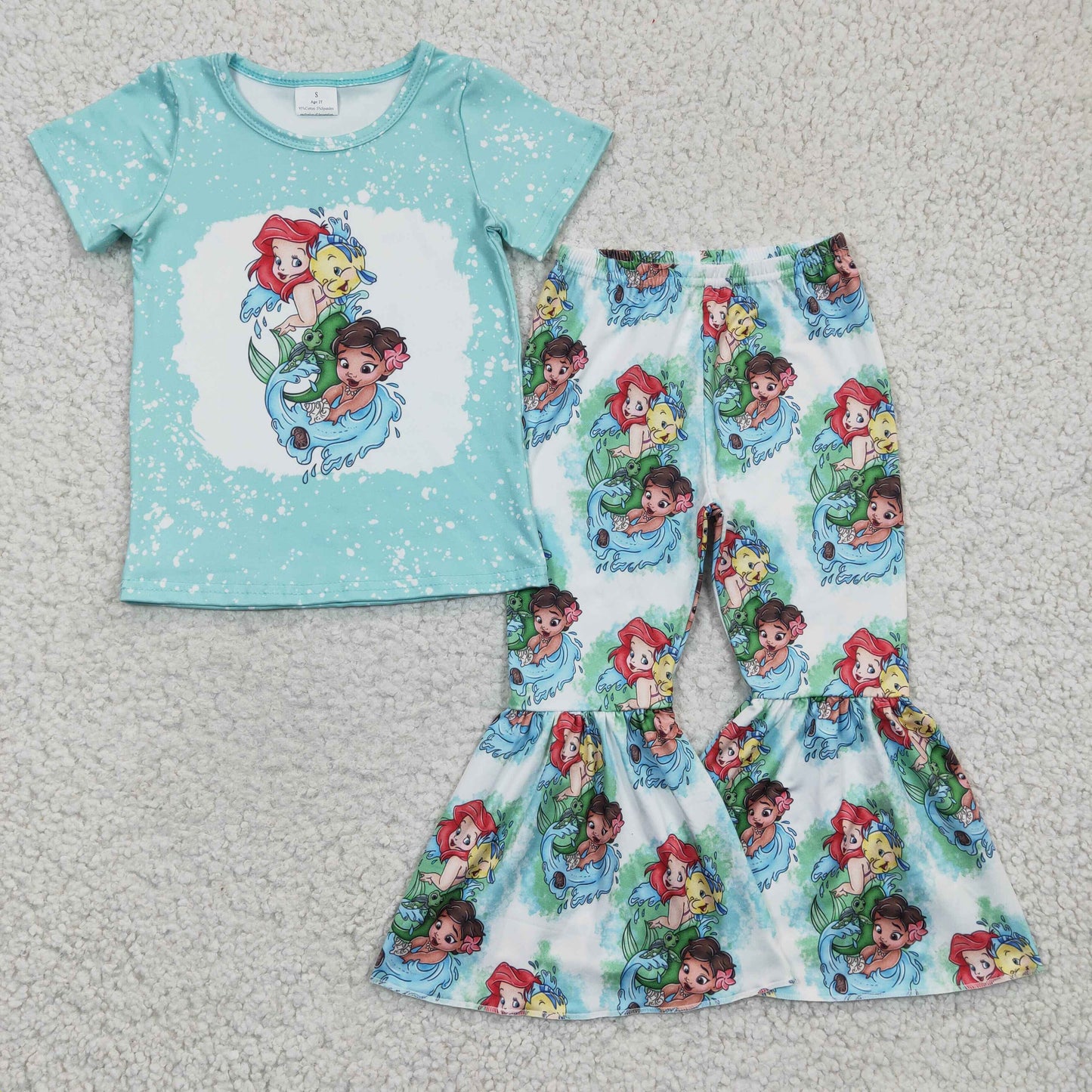 GSPO0393 Blue Cartoon Short Sleeve Mermaid Girls Outfits