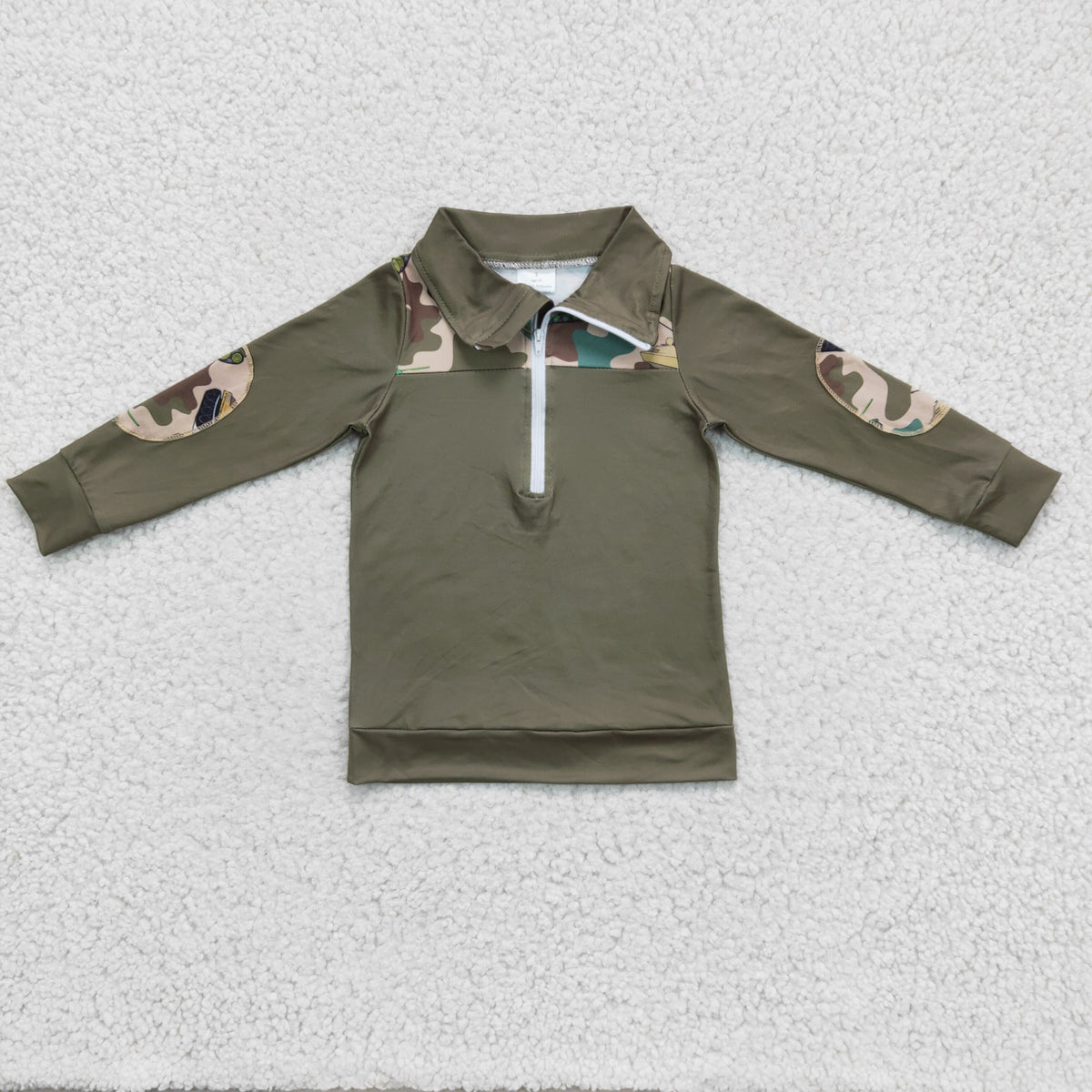 BT0098 Hunting Green Camo Long Sleeve Zipper Boys Pullover
