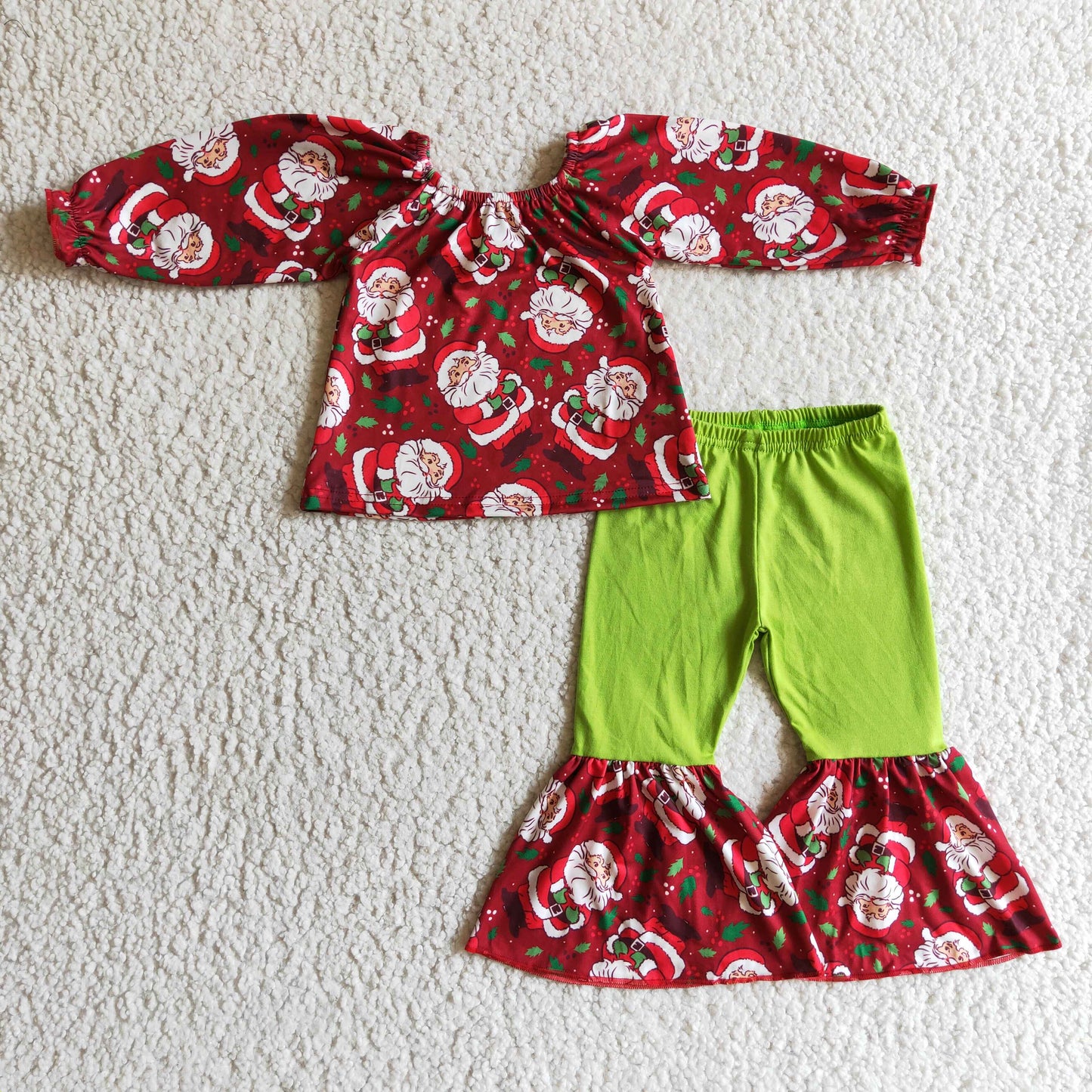 GLP0159 Christmas Off Shoulder Green Bell Pants Kids Set