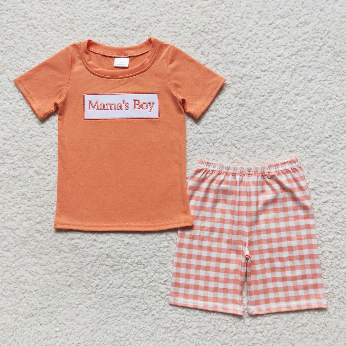 BSSO0228 Mama's Boy Embroidery Orange Plaid Print Boys Set