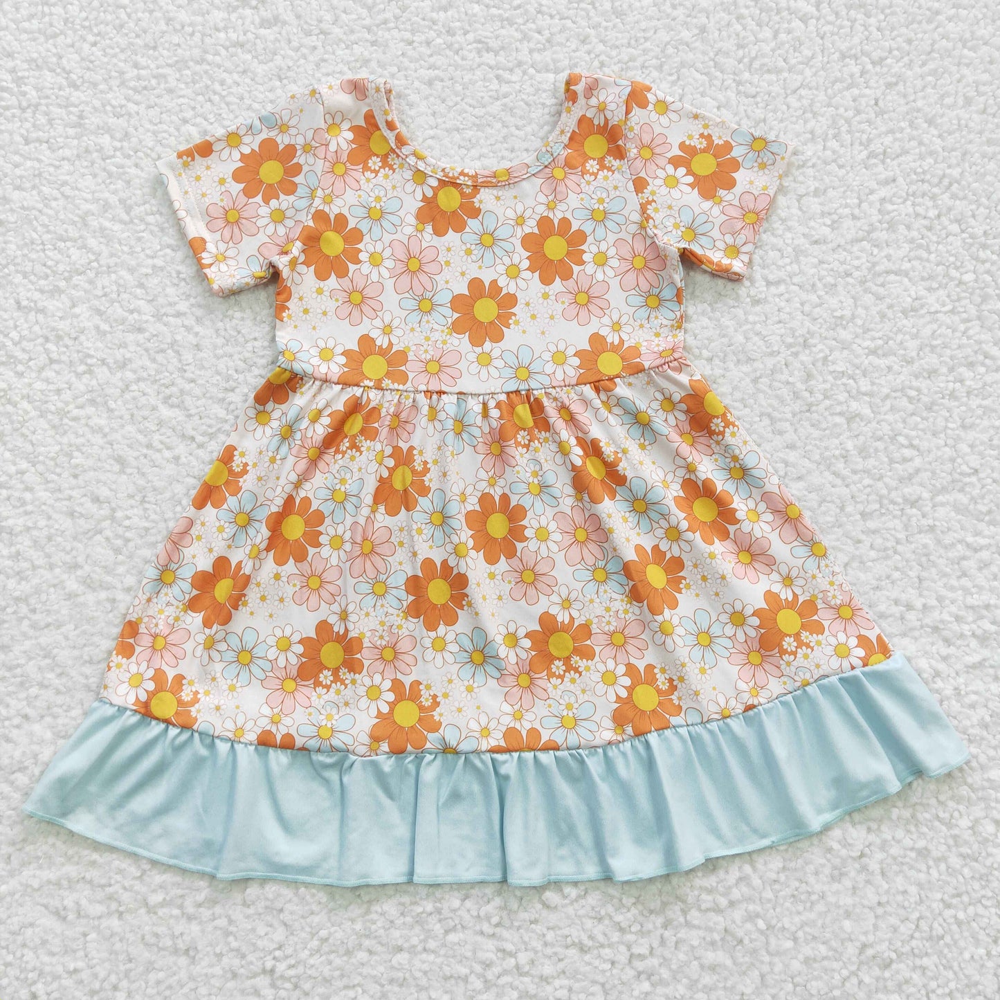GSD0331 Short Sleeve Floral Print Blue Ruffles Baby Girls Dress