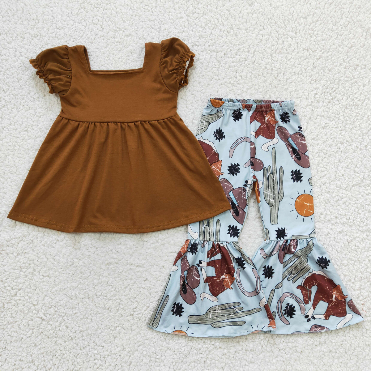 GSPO0374 Brown Short Sleeve Western Bell-Pants Girls Outfits