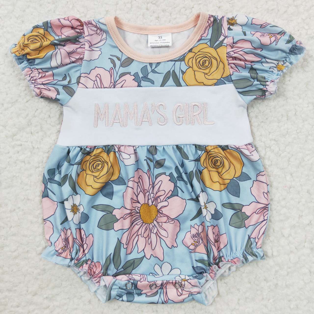 SR0344 Embroidery MAMA'S GIRL Yellow & Pink Flowers Blue Romper