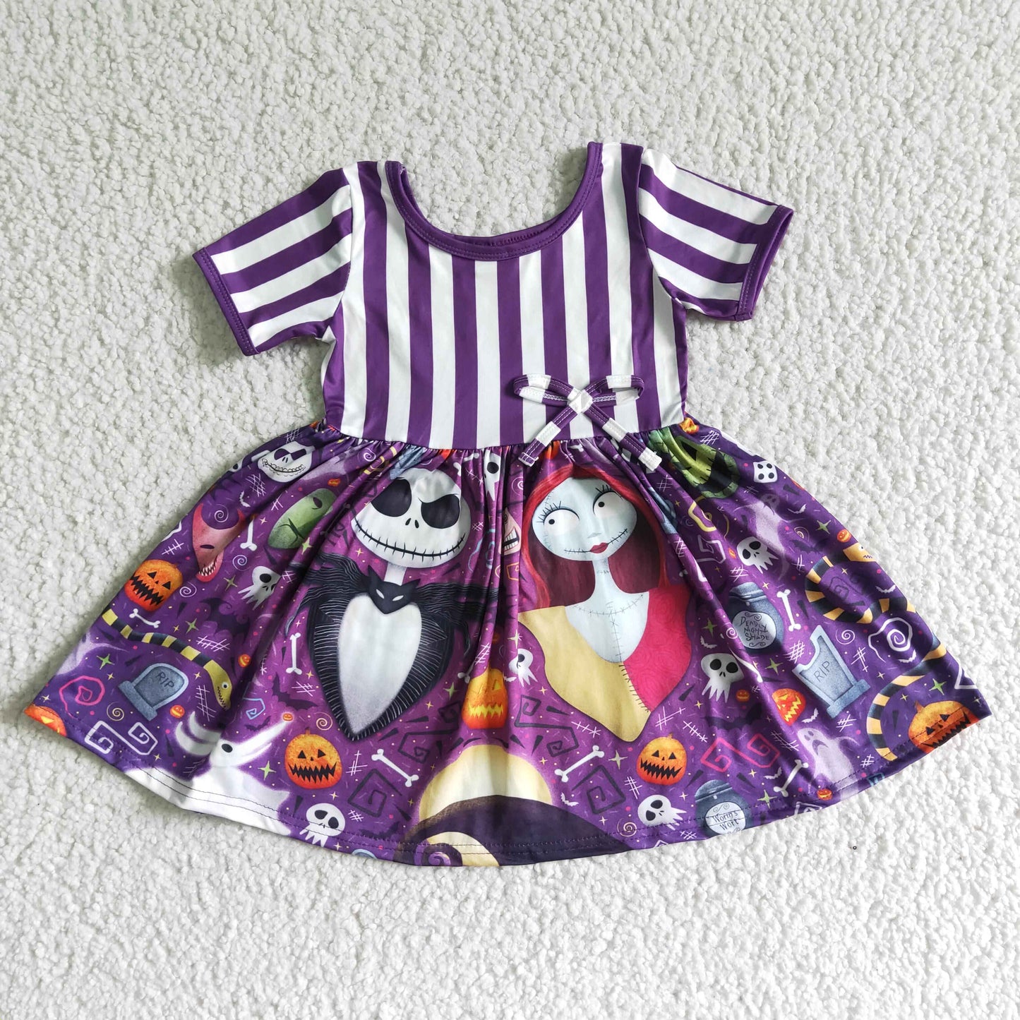 GSD0108 Fall Halloween Purple Striped Print Kids Dress