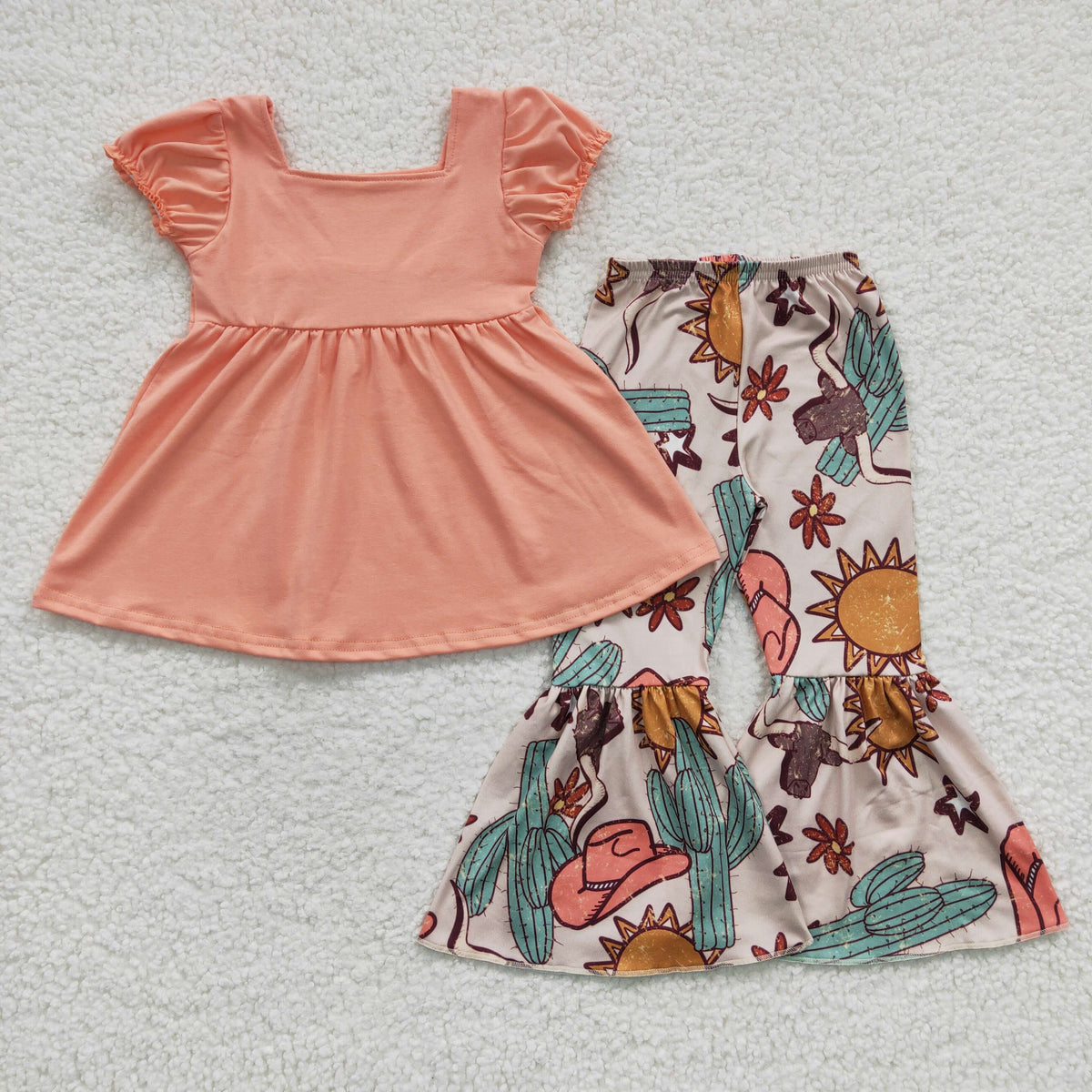 GSPO0346 Western Orange Short Sleeve Cactus Girls Outfits