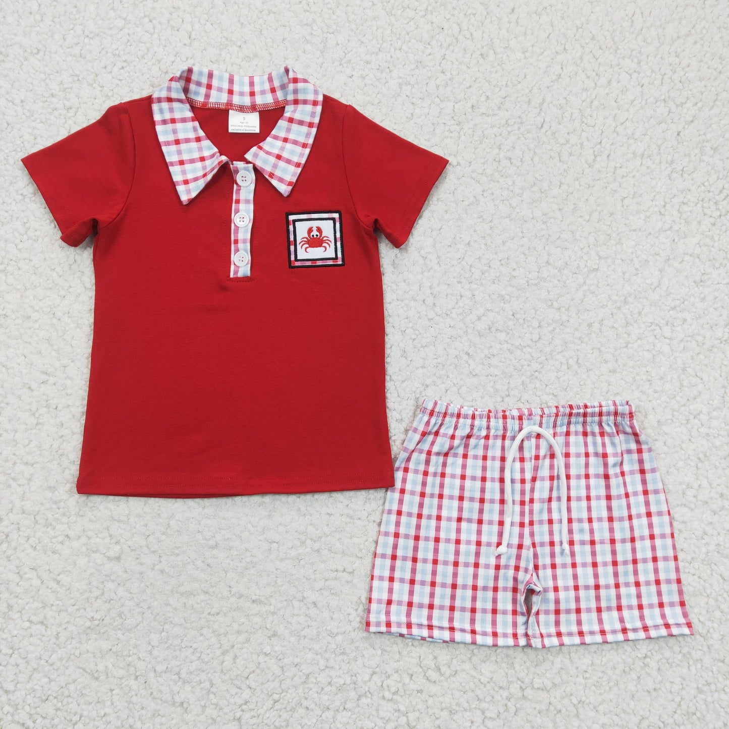 BSSO0106 Red Crab Summer Embroidery Short Sleeve Boys Set