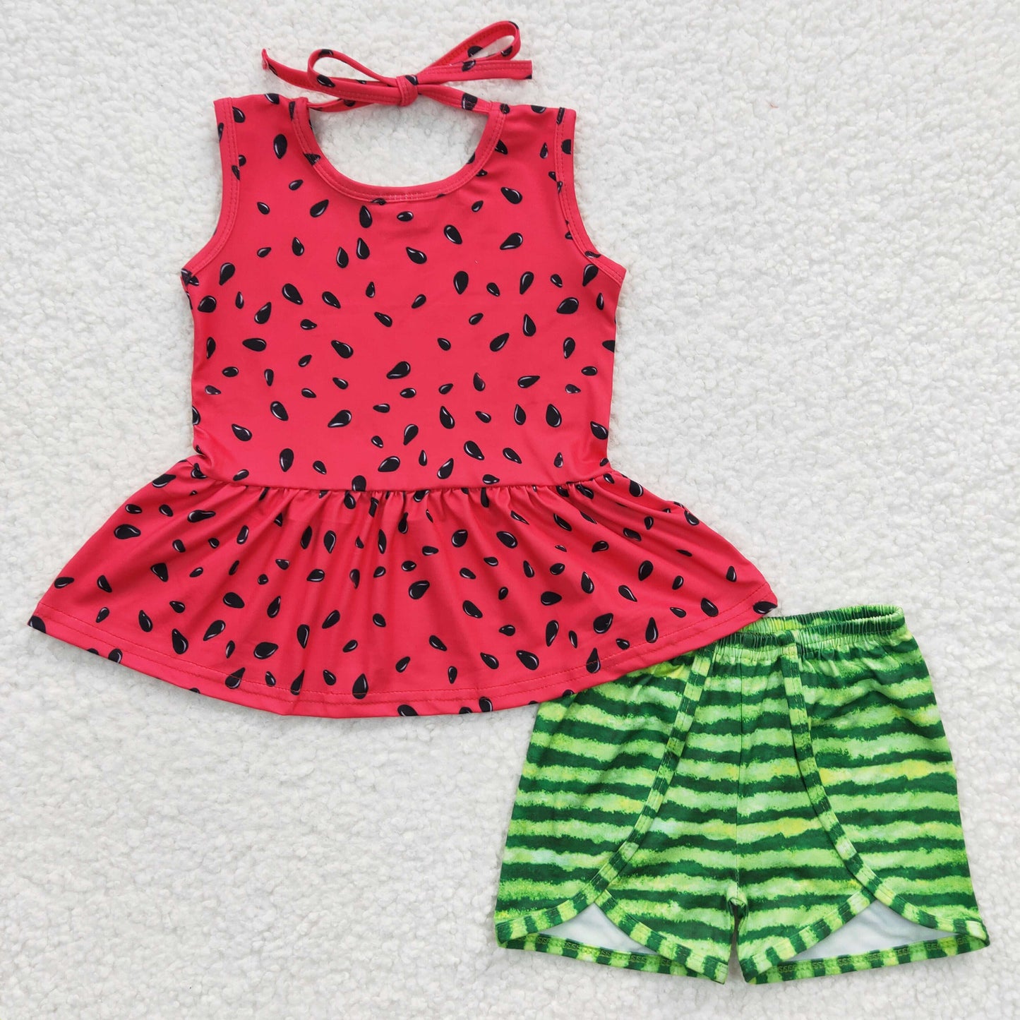 GSSO0192 Watermelon Red Green Striped Print Shorts Girls Summer Set