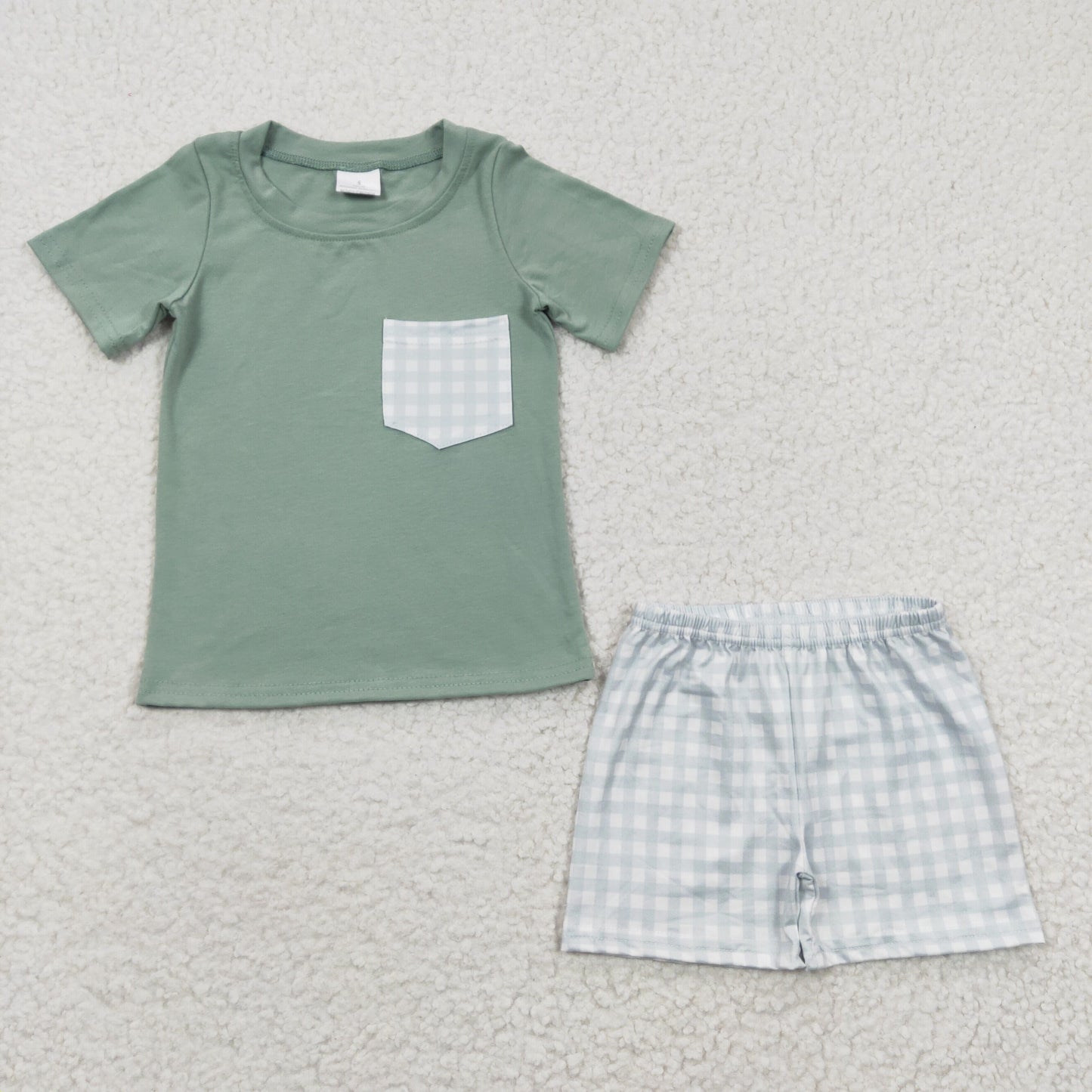 BSSO0236 Short Sleeve Green Pocket Plaid Print Shorts Summer Boys Set