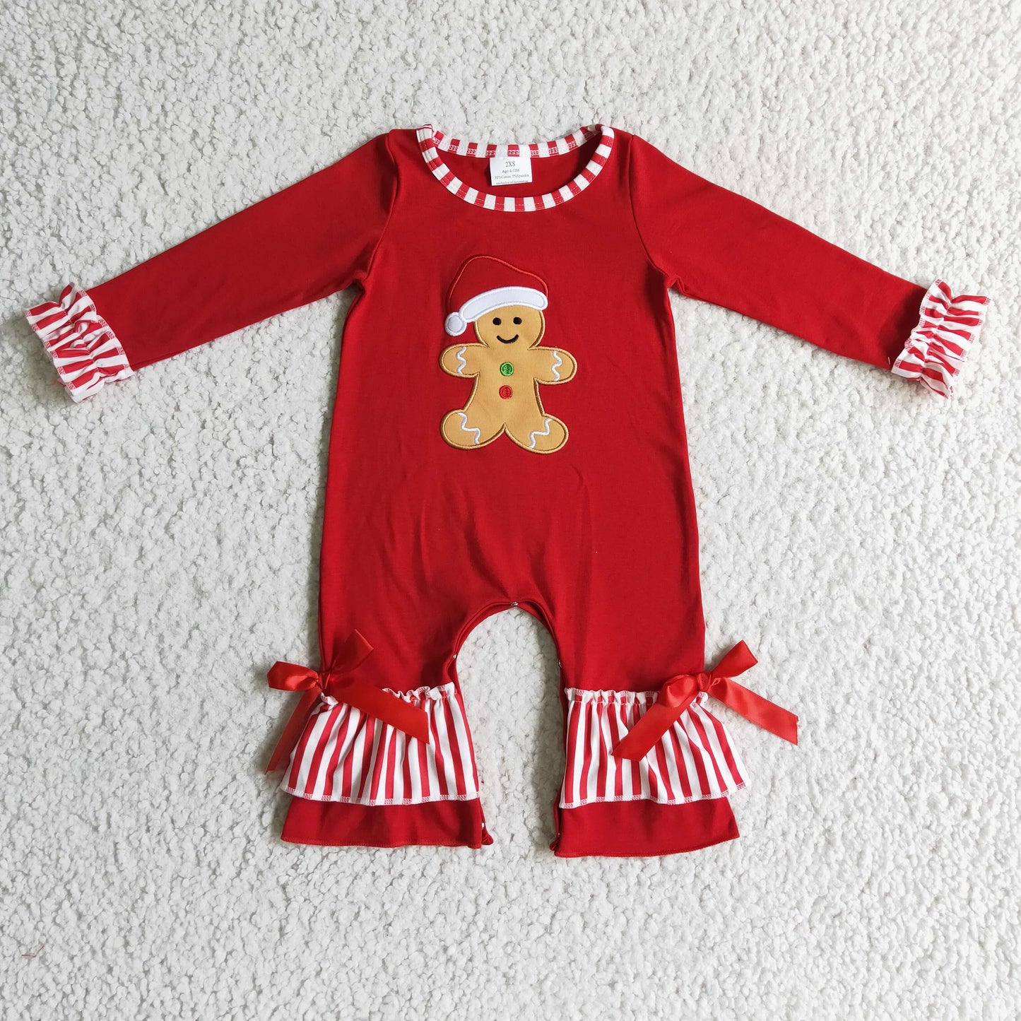USA SHOP LR0196 Girls Christmas Gingerbread Embroidery Red Kids Romper