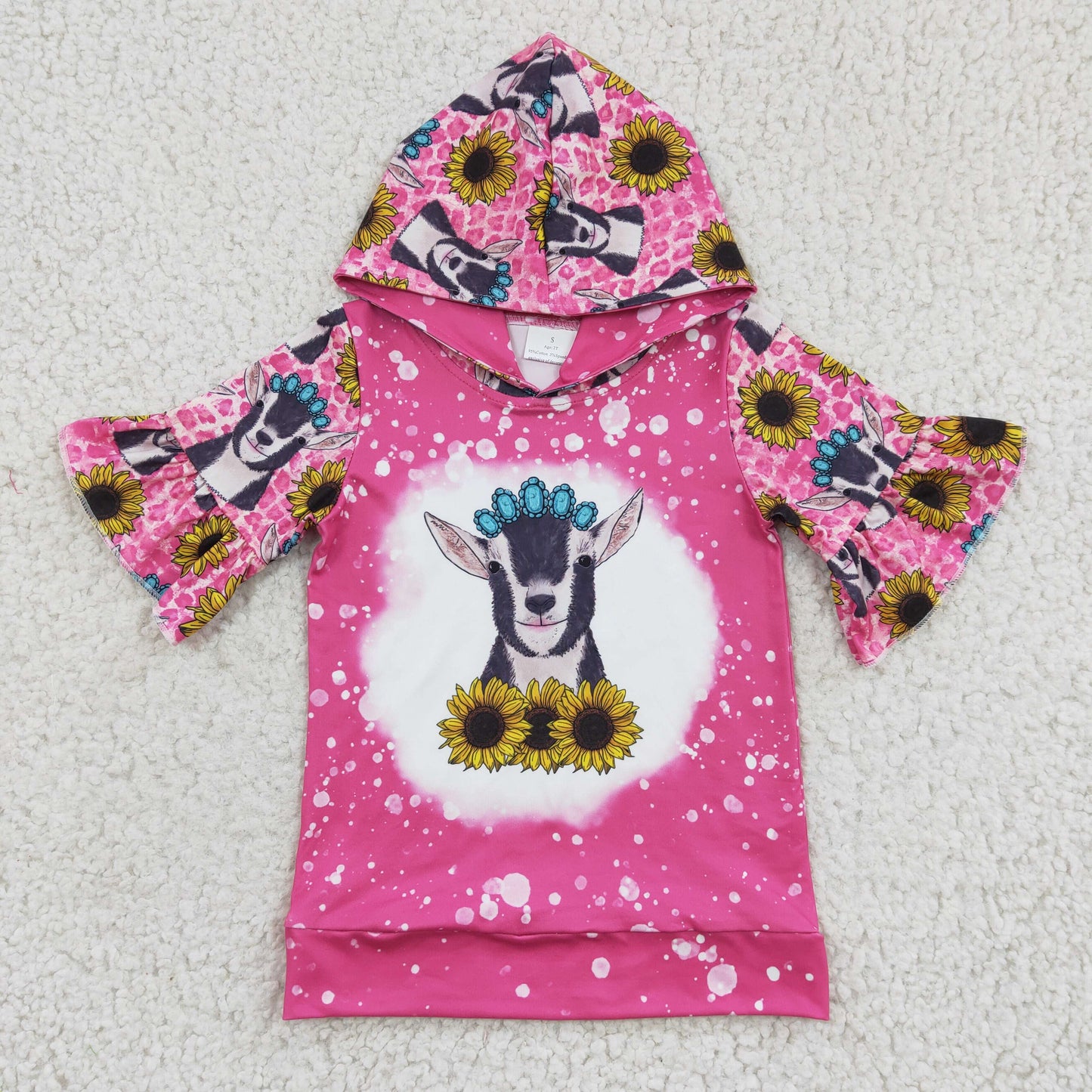 GT0096 Hot Pink Cow Goat Sunflower Hoodie Top