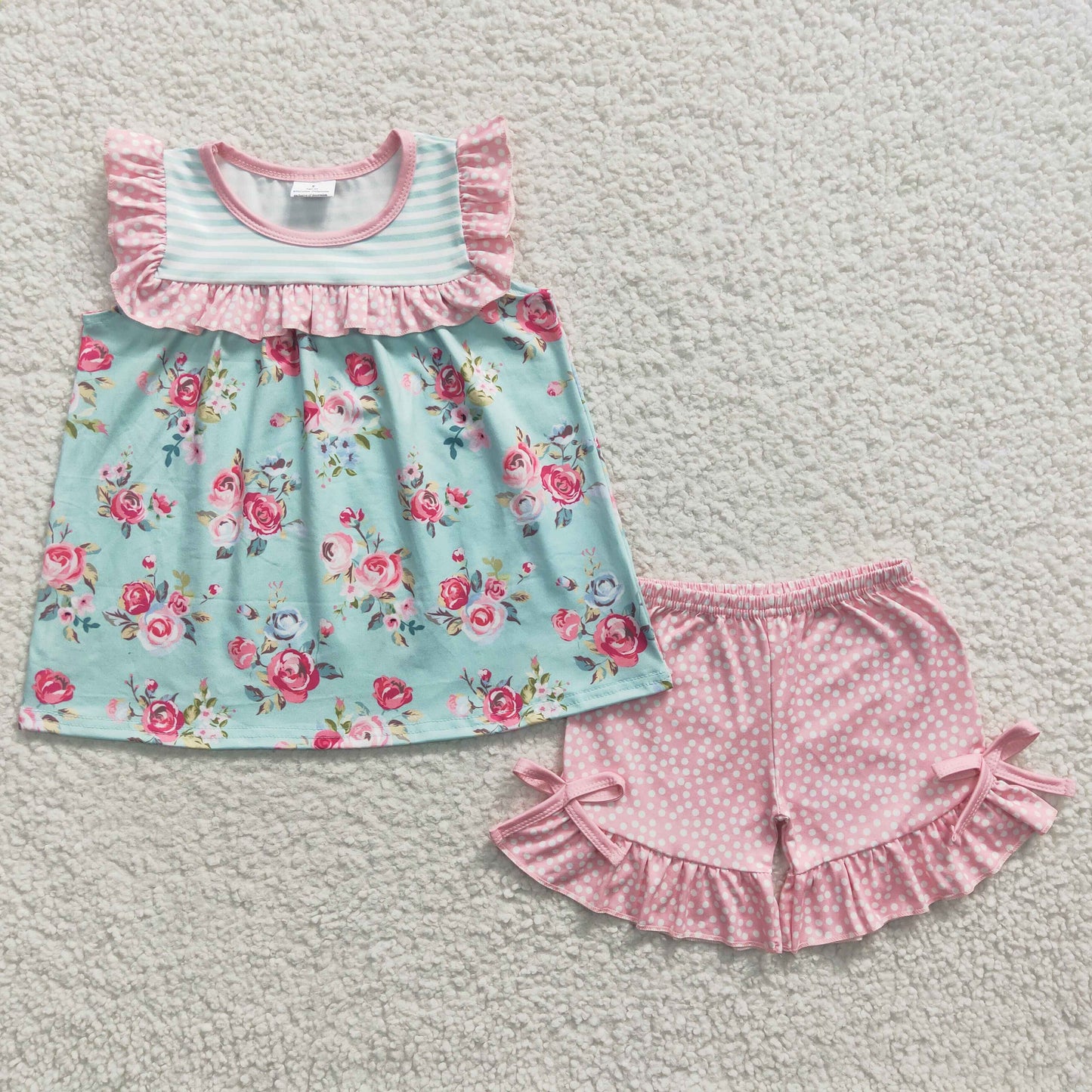 GSSO0215 Sleeveless Summer Flower Pink Dots Shorts Girls Set