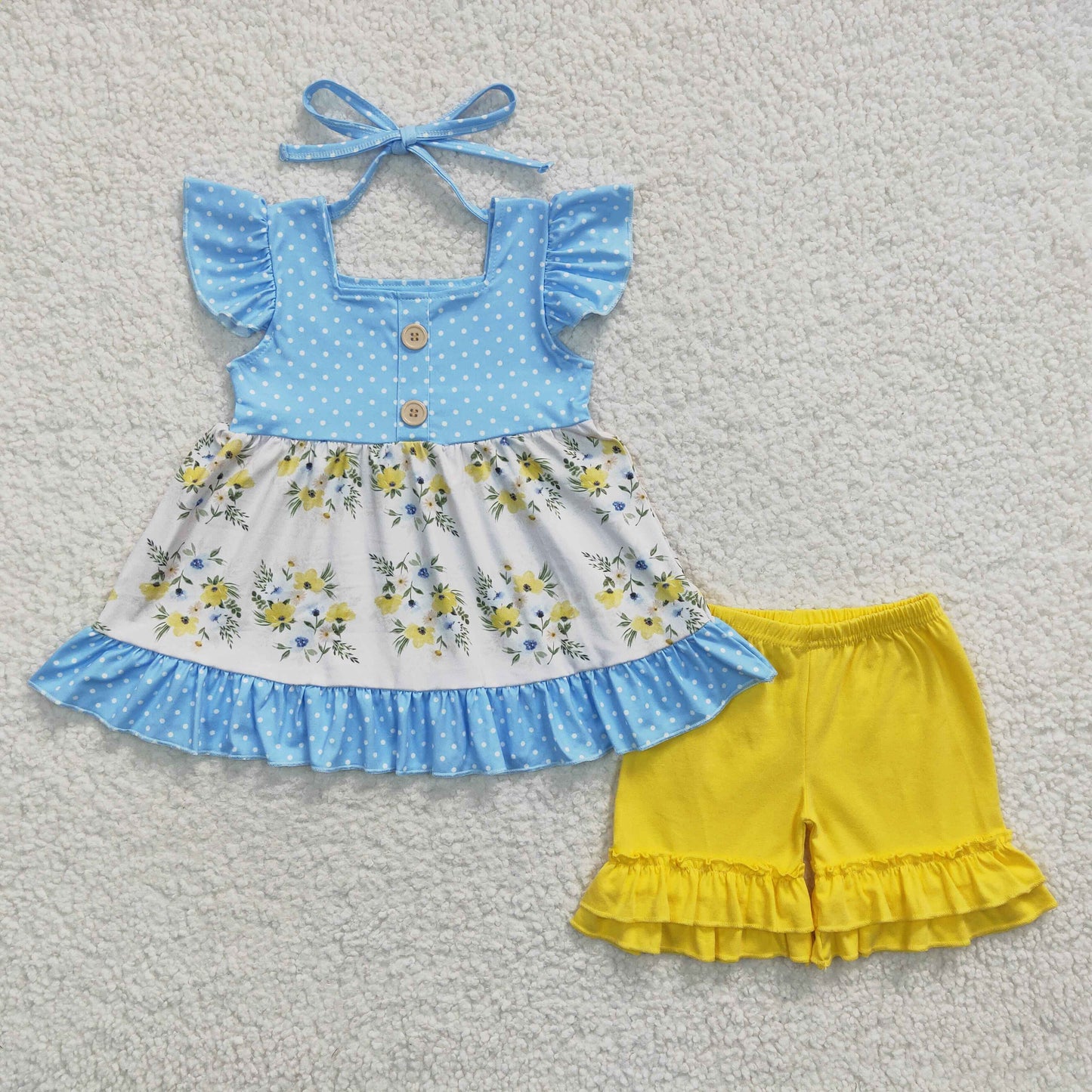 GSSO0220 Blue Dots Flutter Sleeve Flower Yellow Shorts Baby Girls Set