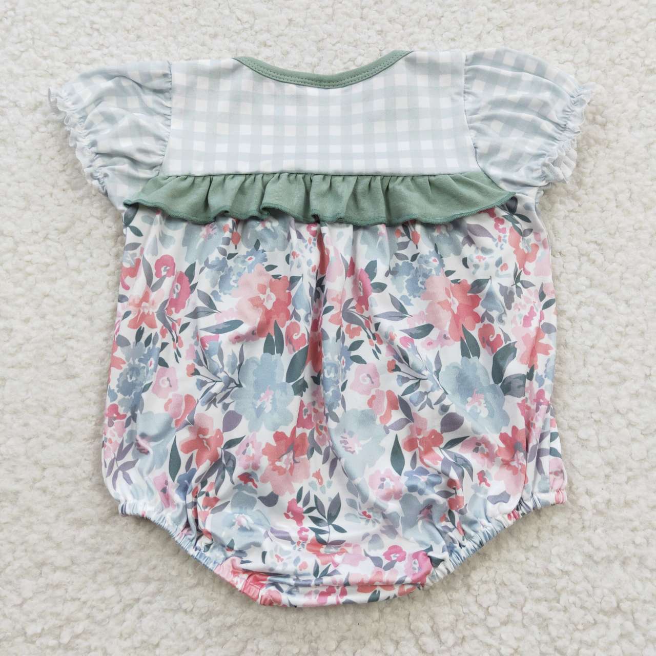 SR0345 Green Short Sleeve Flower Print Girls Romper