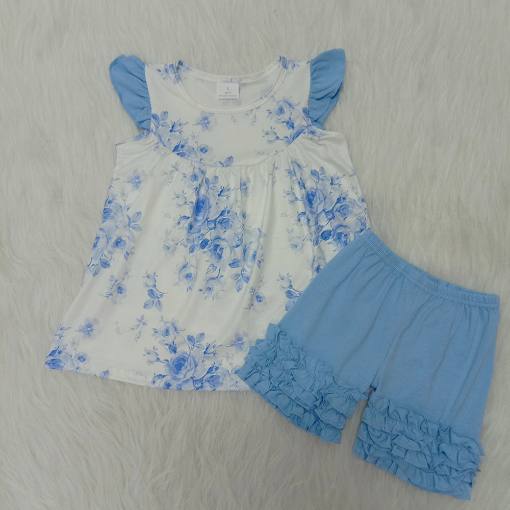 Blue Floral Flutter Sleeve Summer Outfits