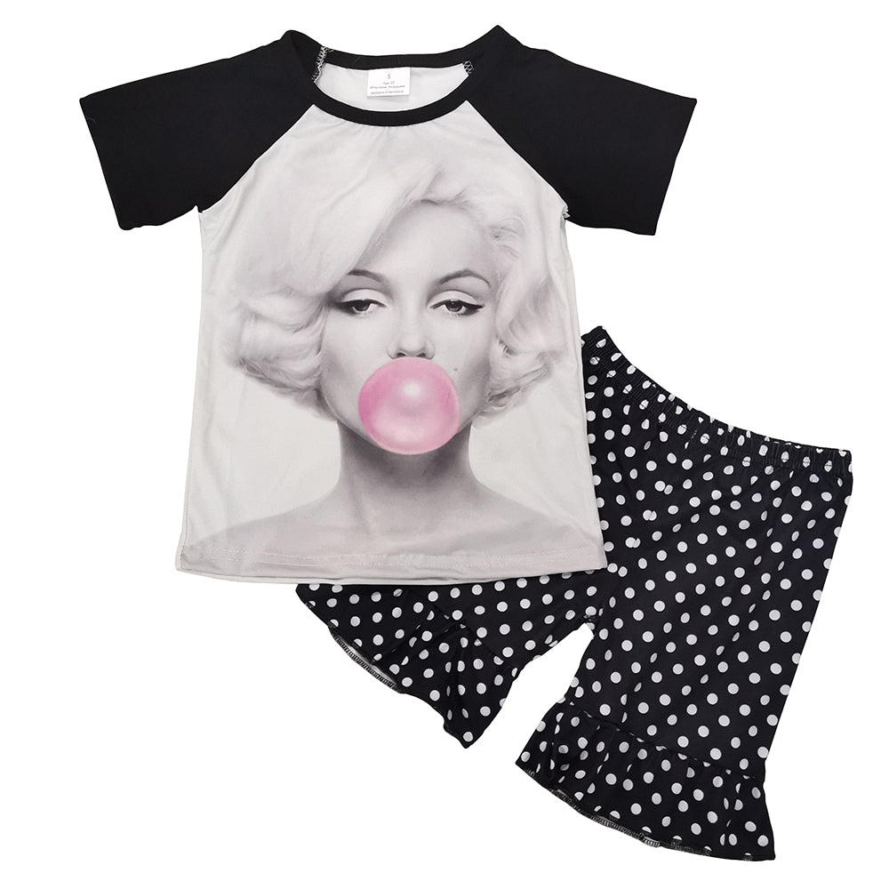 Cute Girls Black Short Sleeve Dots Shorts Set