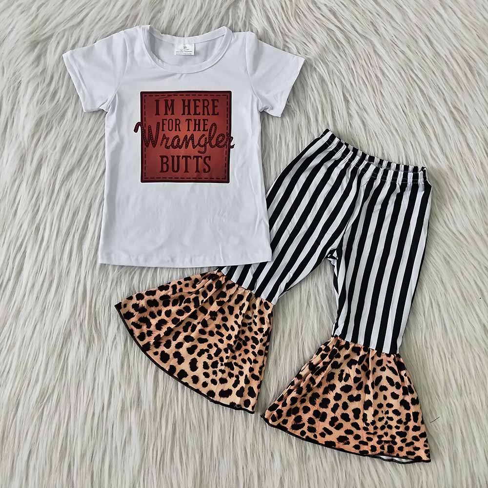 I am here Short Sleeve Girls Striped Print Pants Set