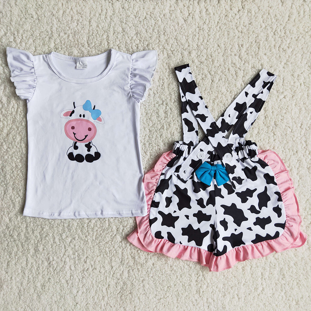 B15-24 Cow Print 2Pcs Baby Girls Summer Overalls