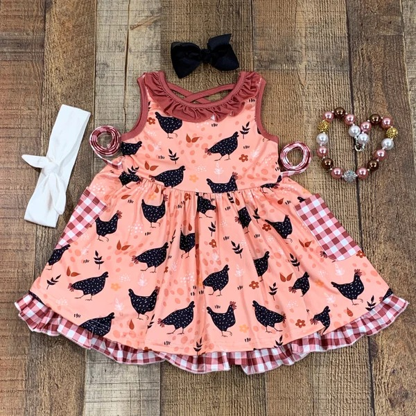 GSD0322 Farm Chicken Plaid Print Pocket Baby Girls Dress