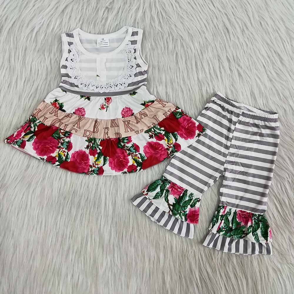 Striped Print Sleeveless Floral Print Girls Outfits