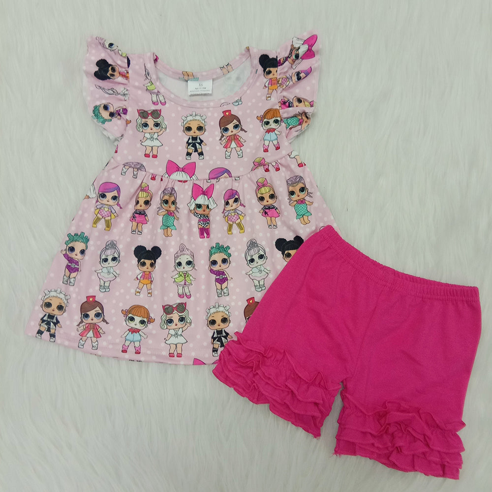 Cartoon Dolls Hot Pink Shorts Girls Set