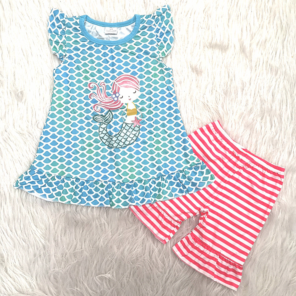 Summer Mermaid Red Striped Print Shorts Girls Set