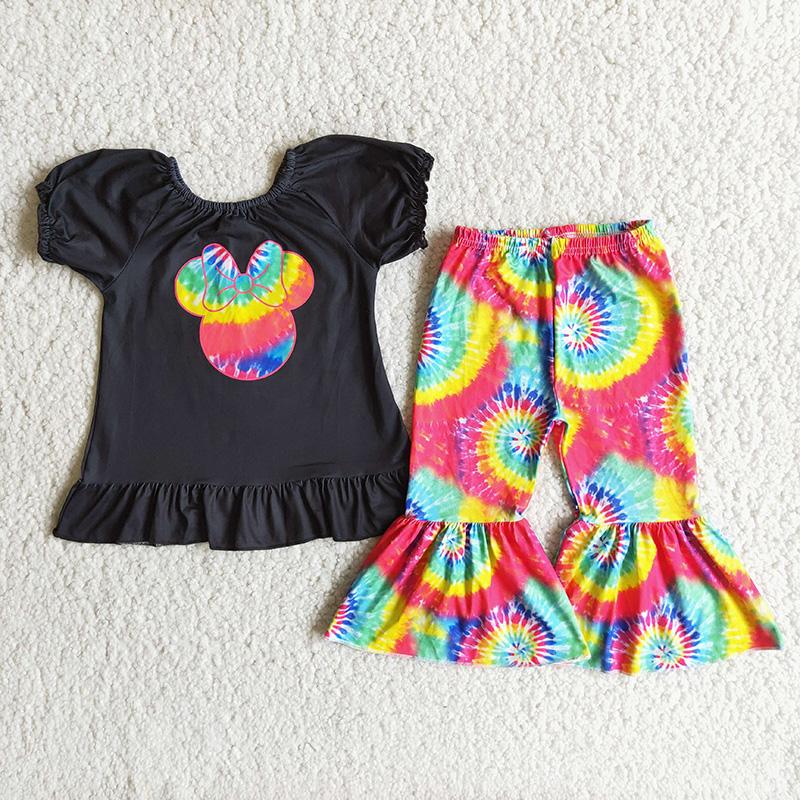 $2.99 Cartoon Tie Dye Black Top Girls Outfits