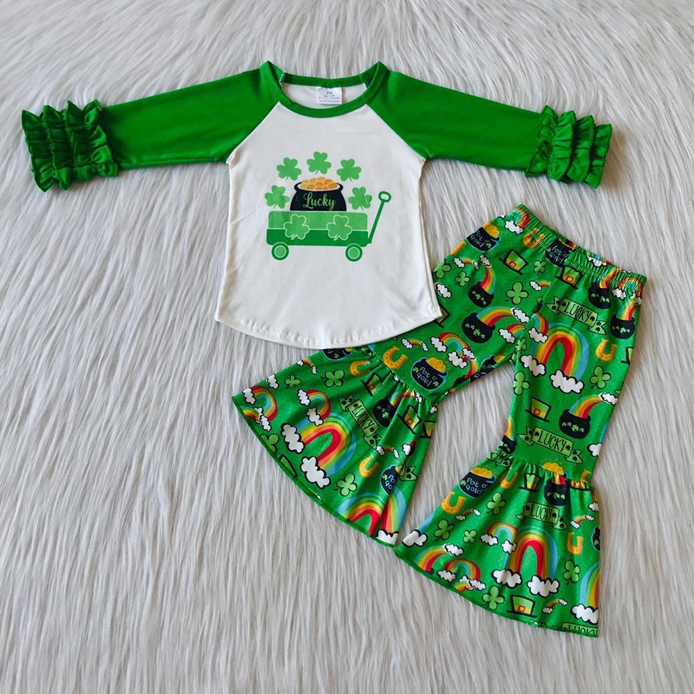 St. Patrick Green Long Sleeve Clover Girls Set