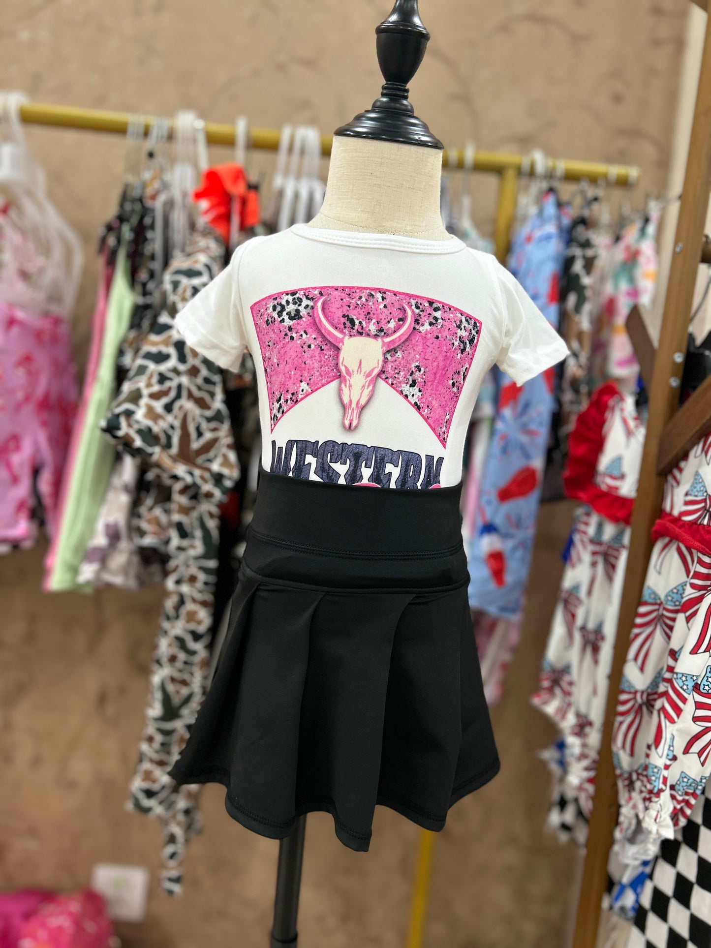 Western cow short sleeve yoga black skirt skort girls set