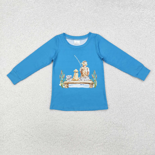 BT0895 hunting fishing dog blue long sleeve boys top