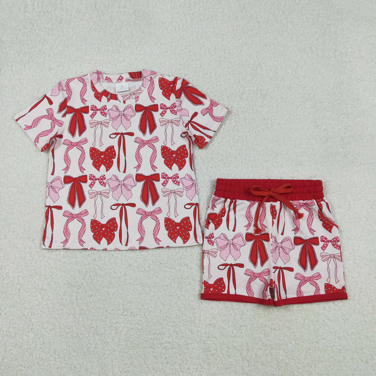 GSSO2737 red pink bows short sleeve shorts girls set