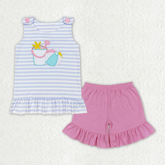 GSSO1102 sandbeach ball blue striped sleeveless pink ruffles shorts girls set