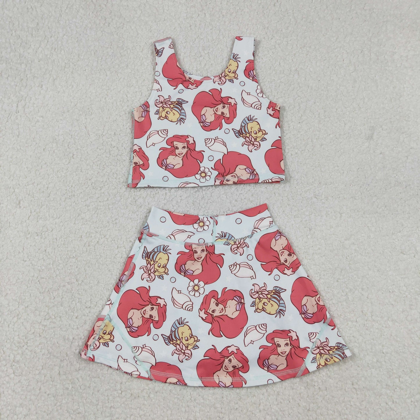 GSD2354 yoga cartoon mermaid fish sleeveless shorts girls set