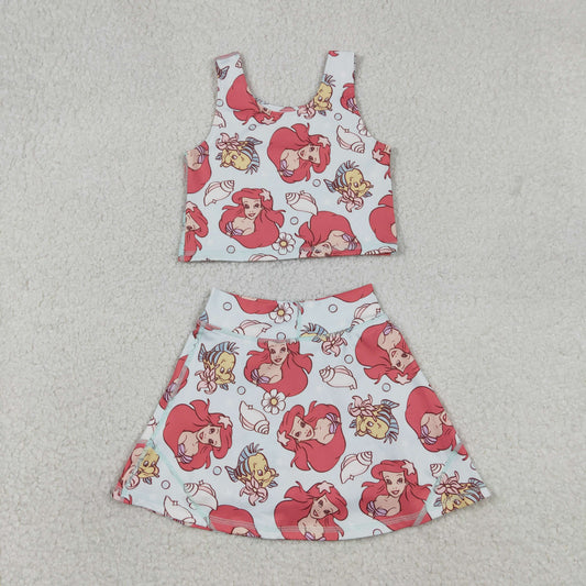 GSD2354 yoga cartoon mermaid fish sleeveless shorts girls set