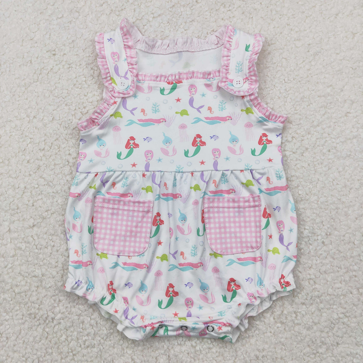 SR2880 cartoon mermaid pink pockets girls romper