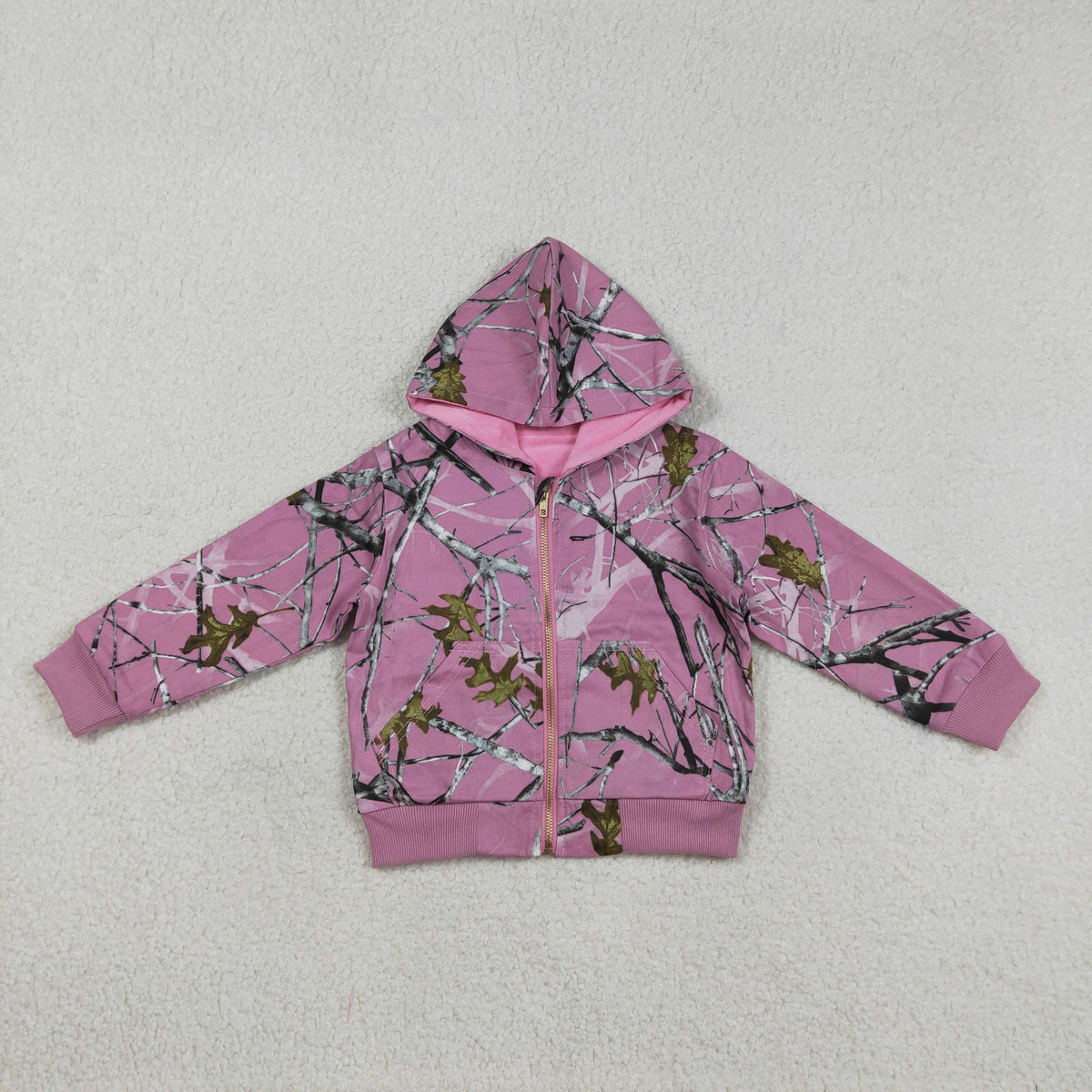 GT1591 Hunting Leaf Branch Pink Zipper Hoodie Long Sleeve Girls Coat