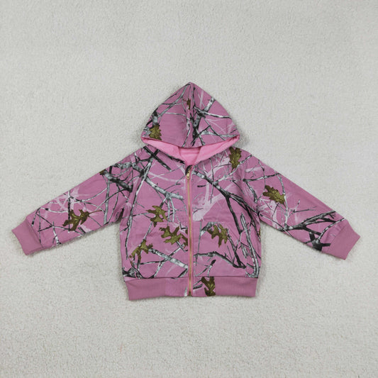 GT1591 Hunting Leaf Branch Pink Zipper Hoodie Long Sleeve Girls Coat