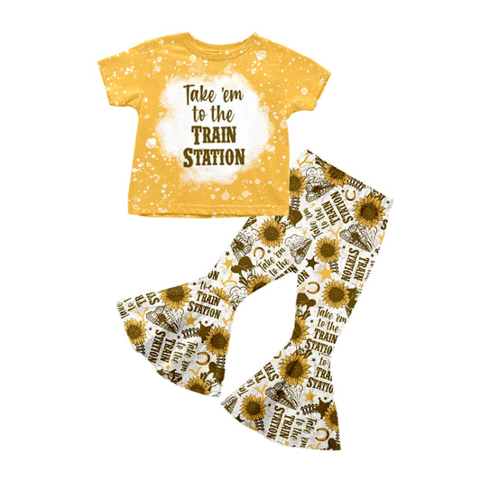 Preorder GSPO1337 Take em to the Train Station Yellow Short Sleeve Sunflowers Pants Girls Set