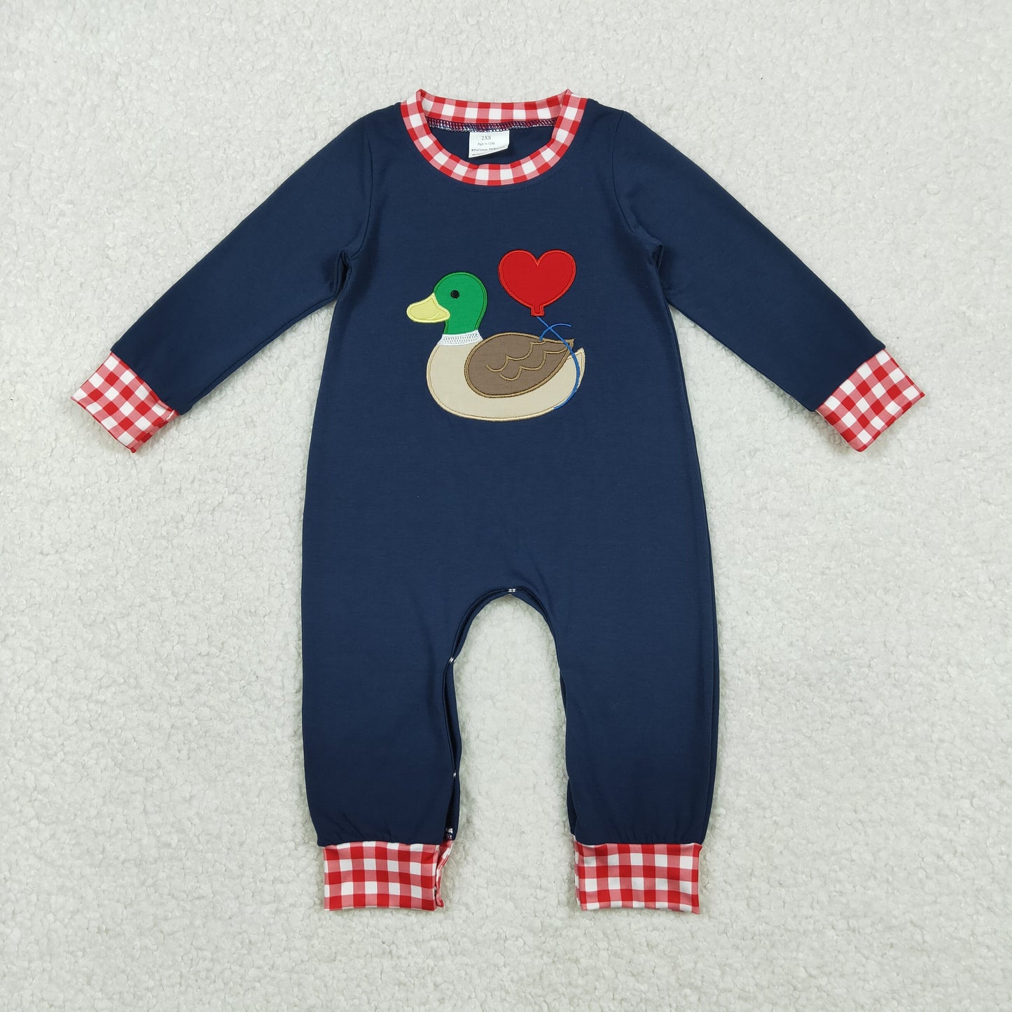 Embroidery LR2721 Valentine's Day heart mallard duck navy blue long sleeve boys romper