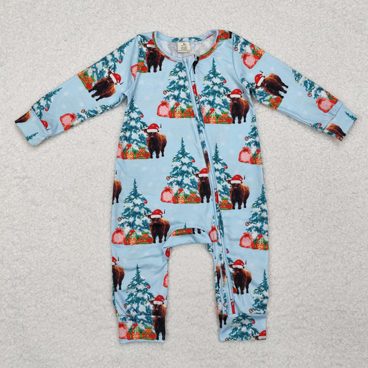 bamboo LR1459 Christmas Santa highland cow hat tree blue long sleeve zipper boys romper