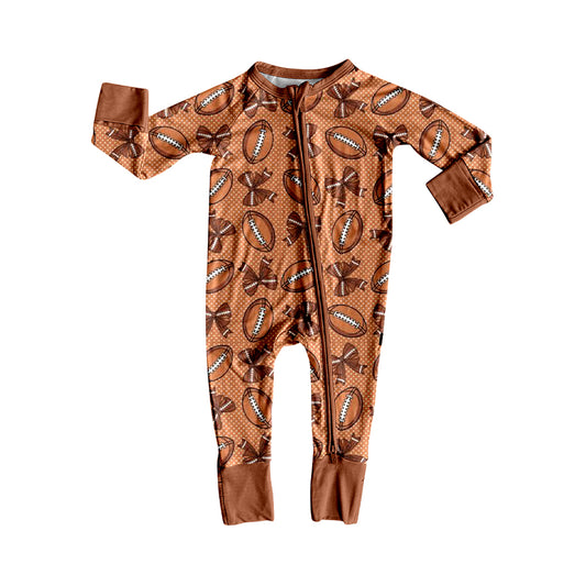 Custom moq 20 bamboo football bows brown long sleeve zipper girls romper