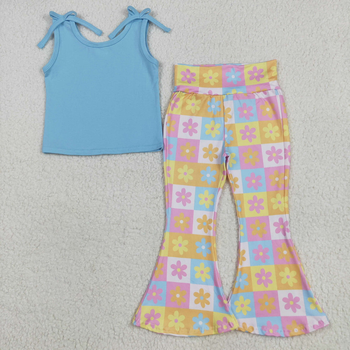 GSPO2017 blue sleeveless colorful flowers checkered pants girls set