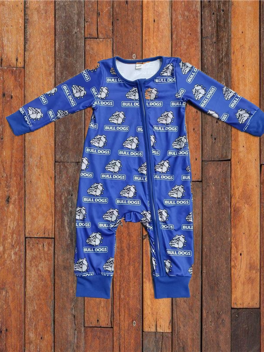 custom moq 3 Football Bull Dogs Blue Long Sleeve Zipper Boys Romper