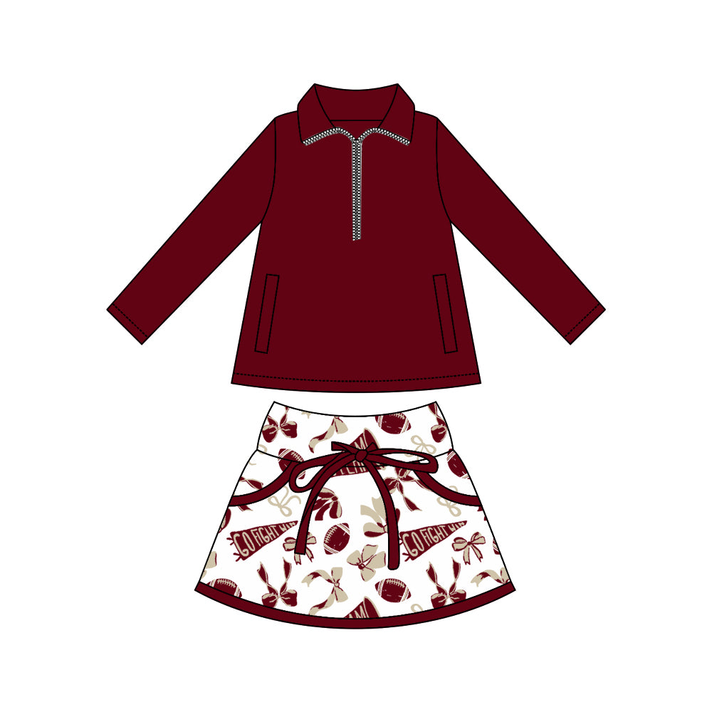custom moq 3 football item yoga maroon zipper long sleeve cheer bows skorts skirt girls set