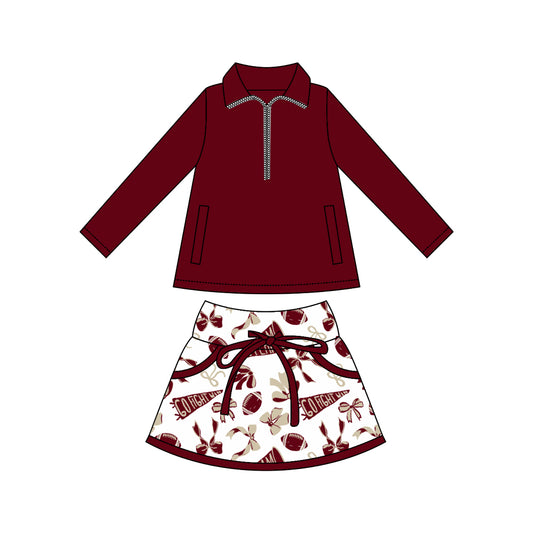custom moq 3 football item yoga maroon zipper long sleeve cheer bows skorts skirt girls set
