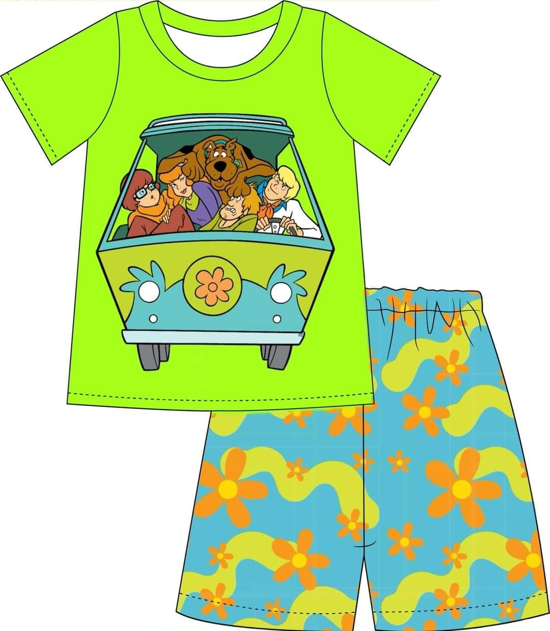 custom style cartoon family dog green short sleeve flowers blue shorts boys set tat 6-8 weeks