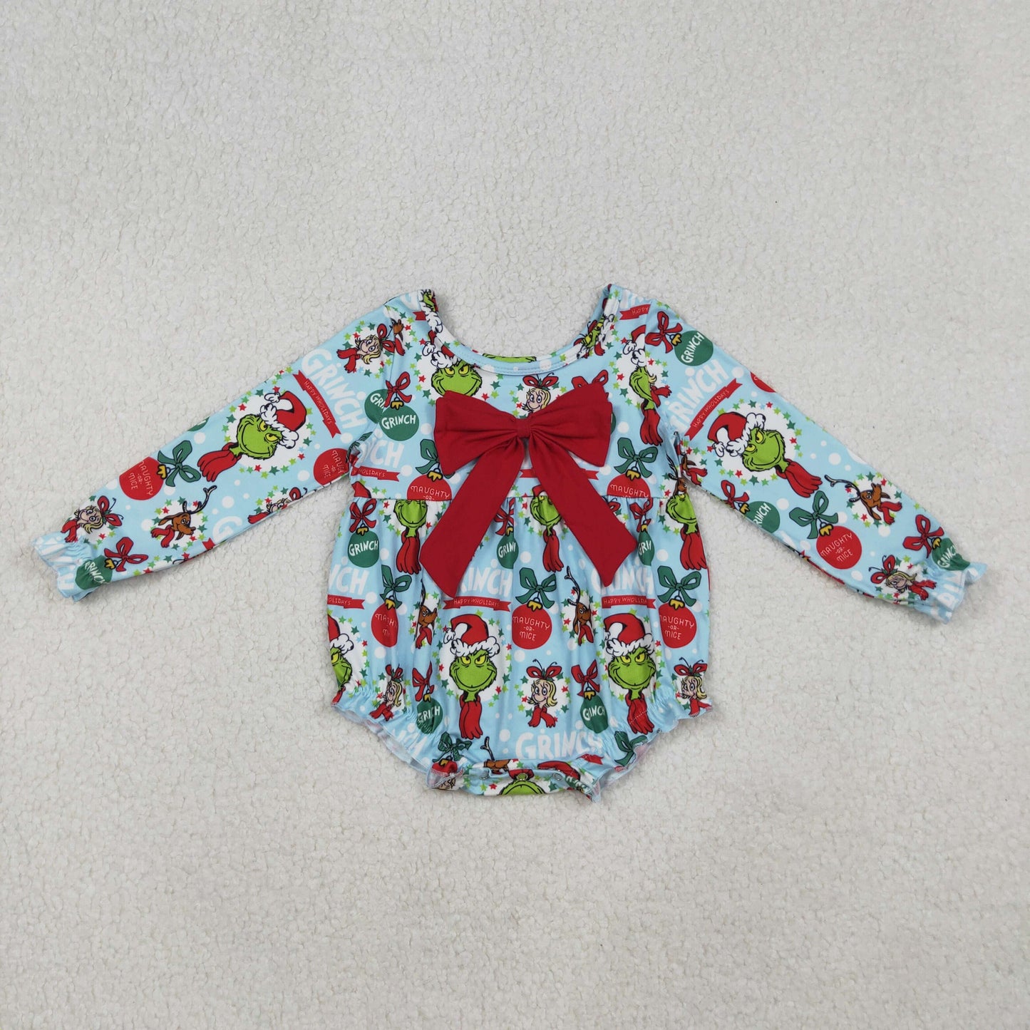 LR2575 Christmas green face blue with big red bow long sleeve girls romper