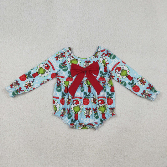 LR2575 Christmas green face blue with big red bow long sleeve girls romper