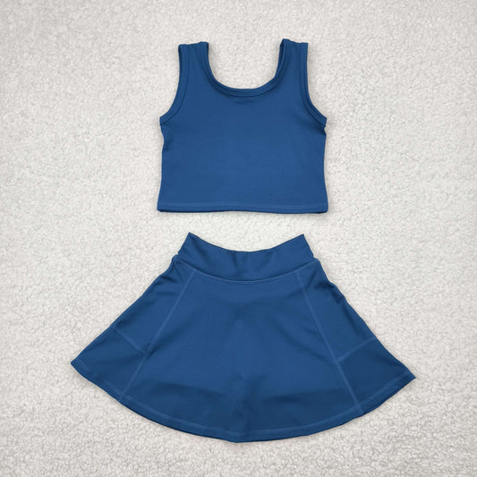 GSD1986 yoga dark blue vest skirt with shorts girls set